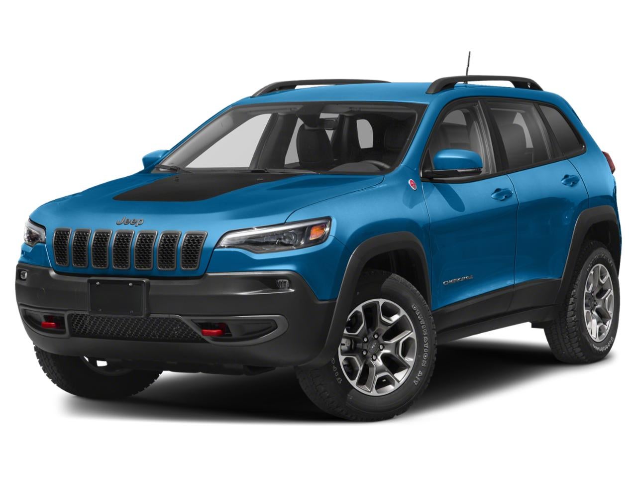 2022 Jeep Cherokee Trailhawk 4x4 in Hydro Blue Pearlcoat — front three-quarter view